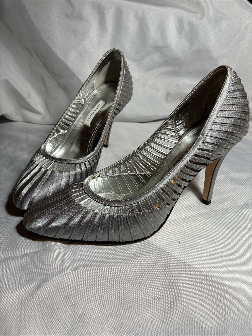 Caparros Silver Pleated Strappy Pointed Toe Pumps